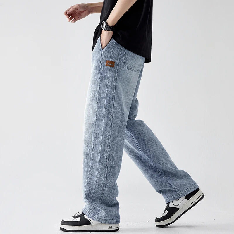 Style Men's Baggy Jeans Elastic Waist  Work Clothes Straight Loose Retro