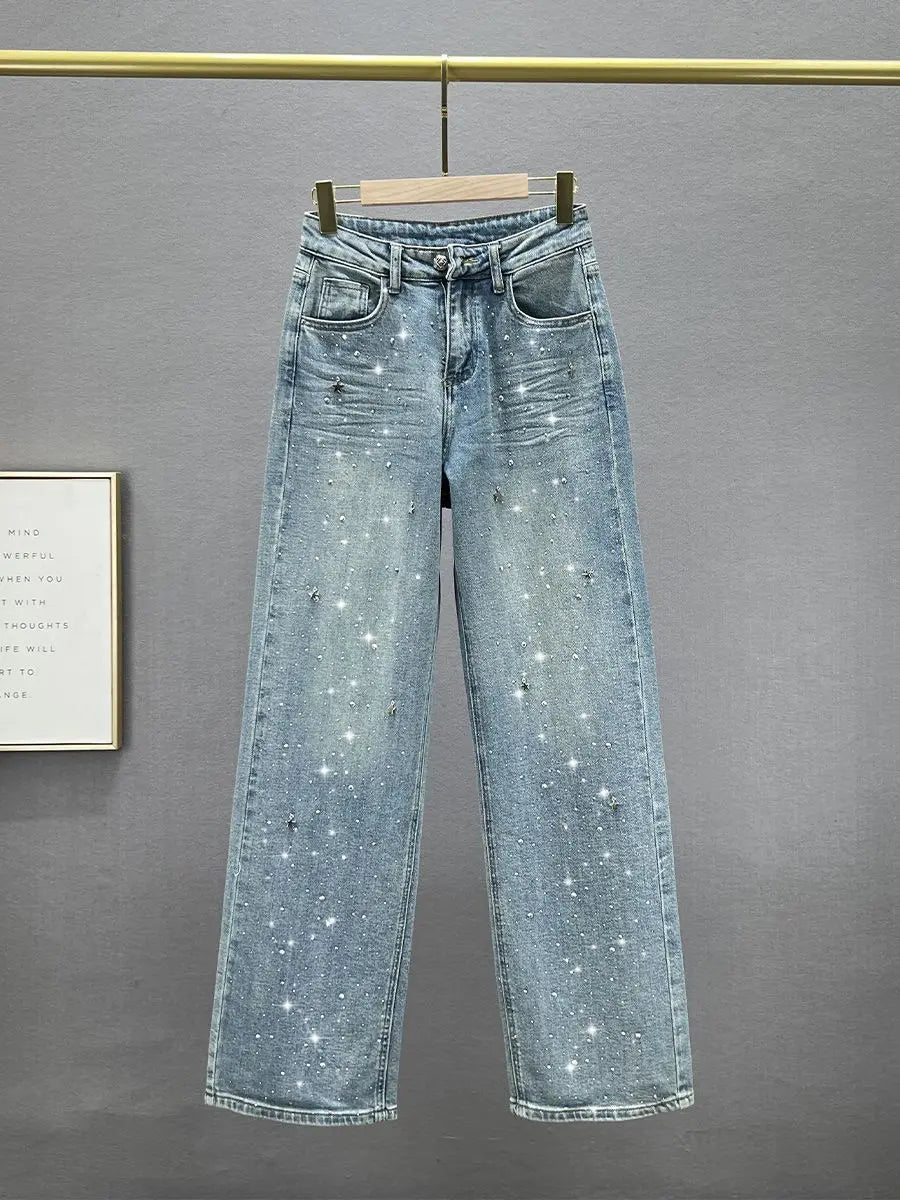 Rhinestone Design High Waist Wash Jeans