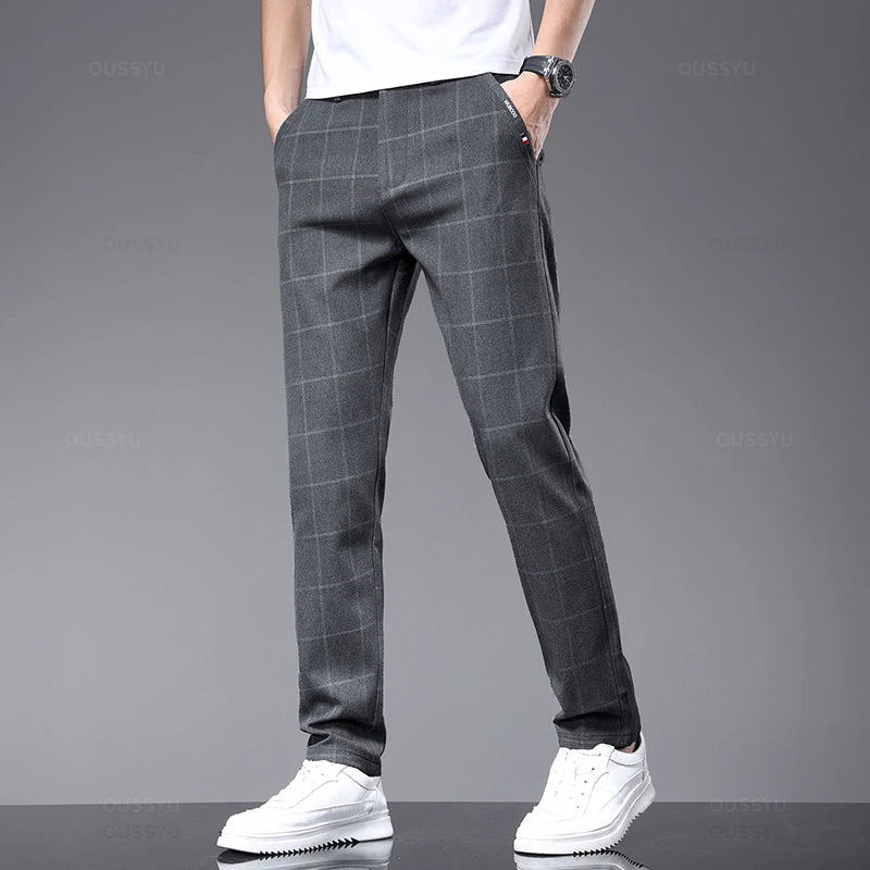 Plaid Work Stretch Pants Men Business Fashion Casual Pant Trousers