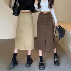 Long Fashion with Belt High Waist Split Straight Skirt All-Match