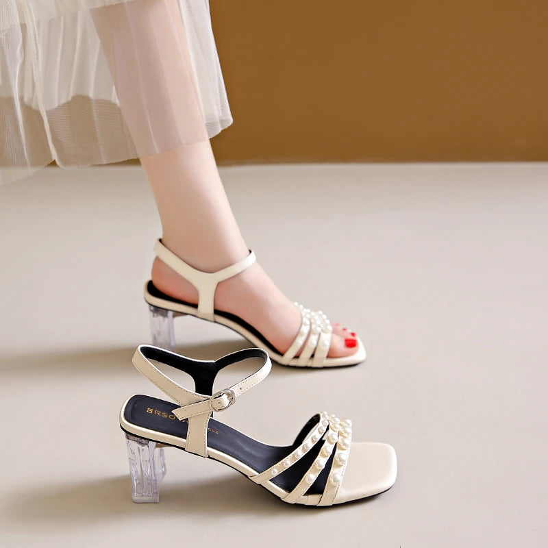 Heels Sandals 6.5cm Women Buckle Leather Summer