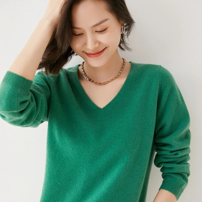 Pure Wool V-Neck Loose Pullover Sweater Basic Style All-Match Knitted