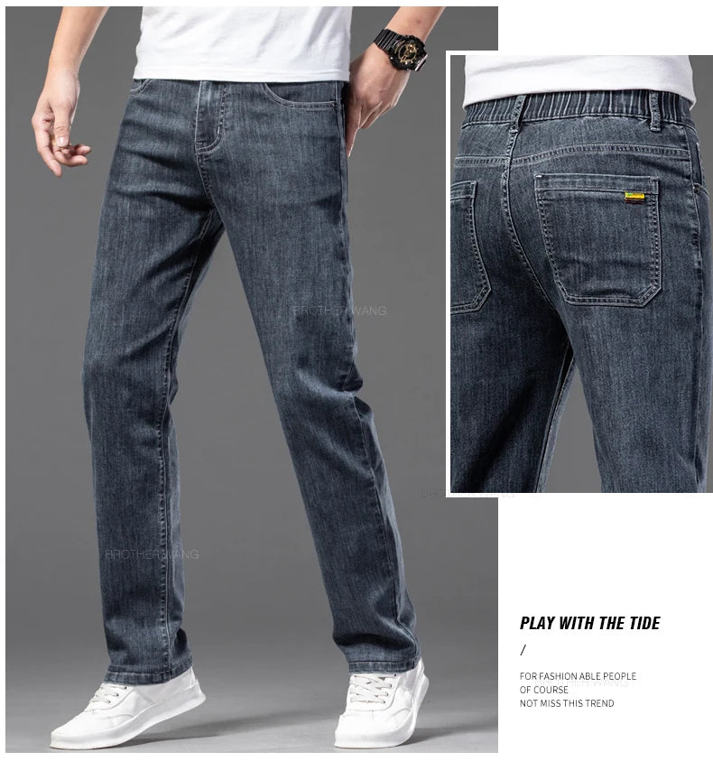 Men's Thin Jeans Elastic Waist Loose Straight Comfortable Casual Denim Pants