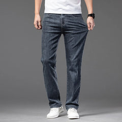 Stretch Loose Jeans Classic Straight Business Casual Elastic Waist Denim Trousers