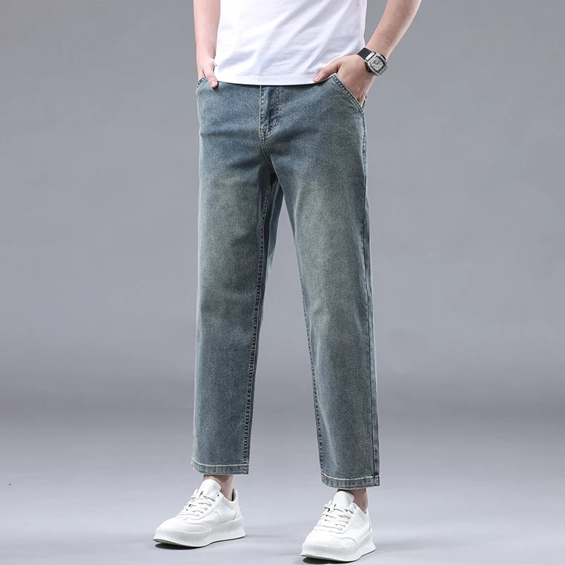 Straight Thin Jeans for Men Classic Style Stretch Ankle-Length Pants