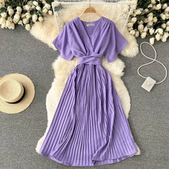 French Pleated Women Short Sleeve V Neck Solid A-line Sundress