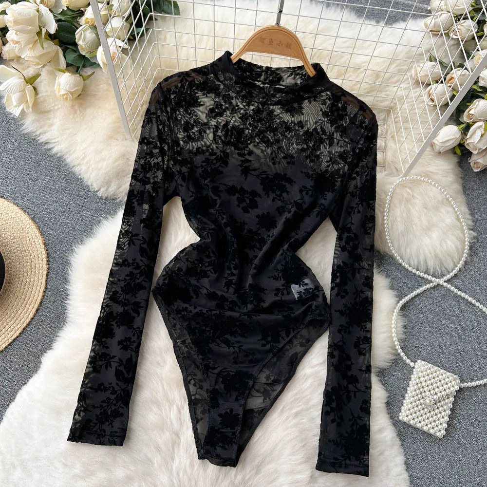 Mesh Lace Slim Bodysuit Chic Long Sleeve Fashion Jumpsuits