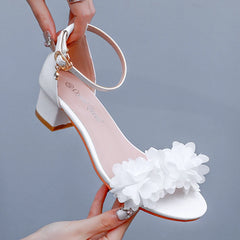 White Women Flower Wedding Shoes Bride Black Thick Heels