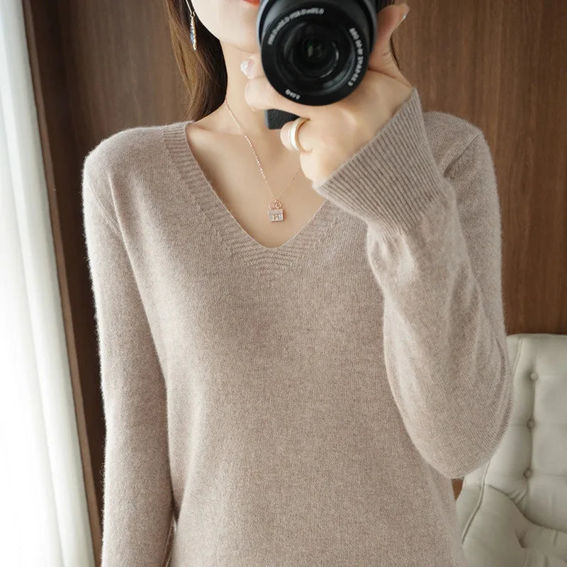 Women's Sweater Knitted Pullovers V-neck Slim Fit Jumpers Basic