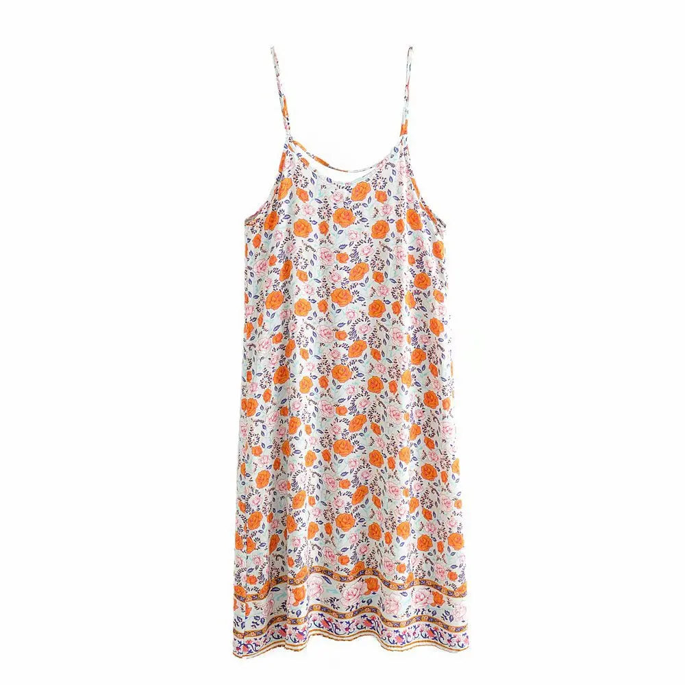 Sleeveless Strap Vintage Floral Print Backless Casual Slip Dresses