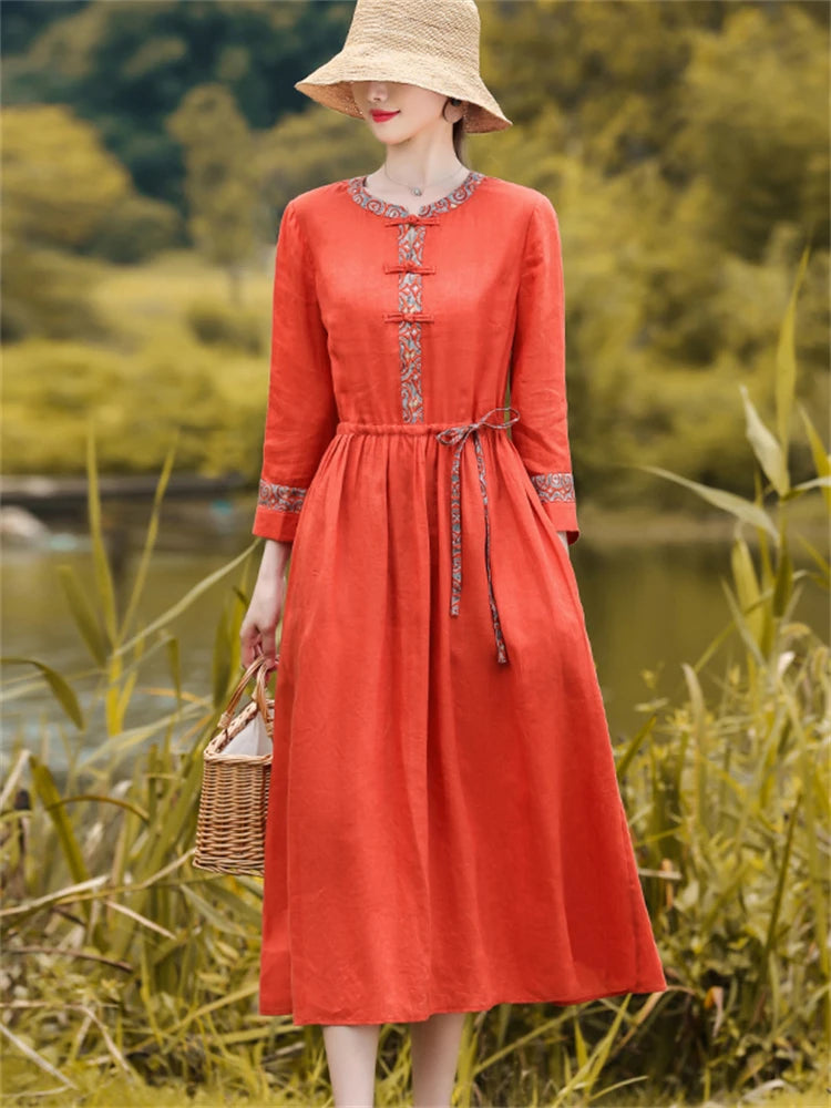 Vintage Dresses Cotton Linen Casual Loose Long Elegant Dress Clothing