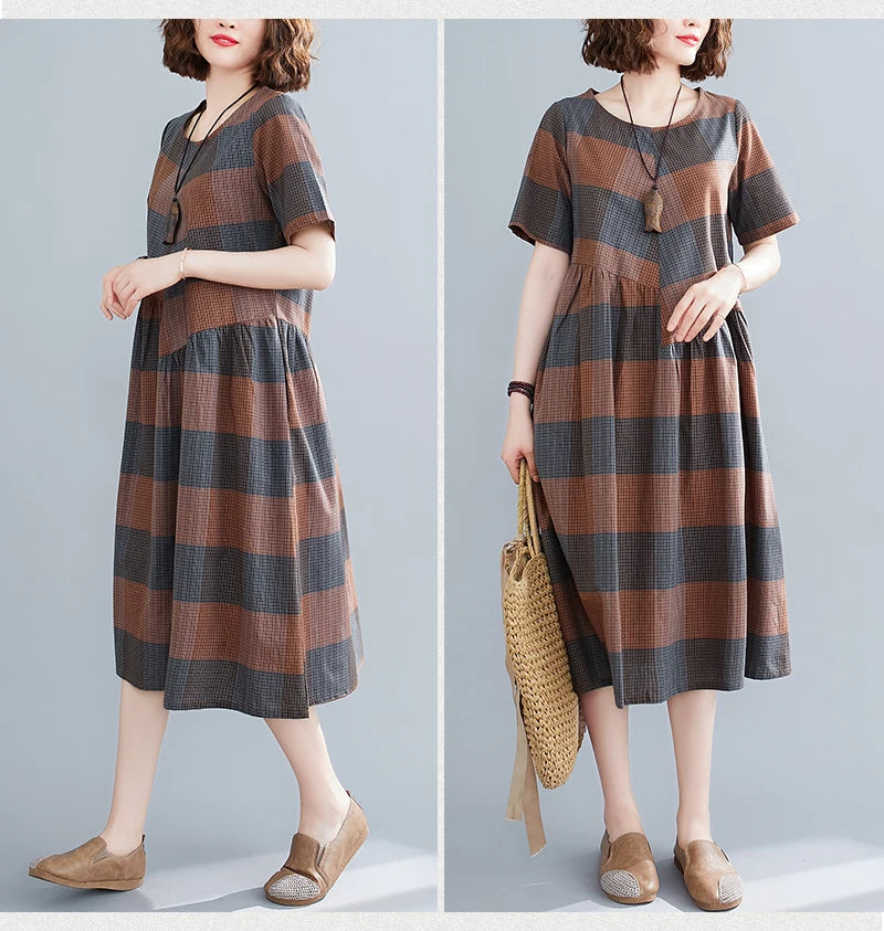 Short Sleeve Summer Plaid Dresses For Women Casual Vintage