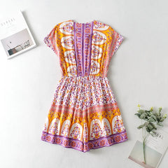 Boho Beach Short Sleeve Playsuits For Women Vintage Floral Print Rompers