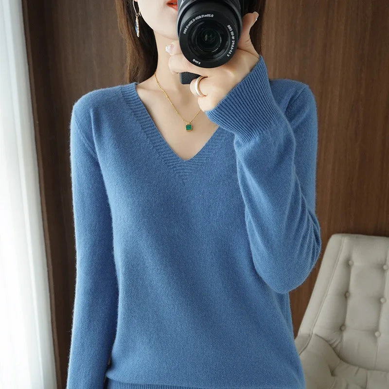 Women's Sweater Knitted Pullovers V-neck Slim Fit Jumpers Basic