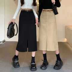 Long Fashion with Belt High Waist Split Straight Skirt All-Match