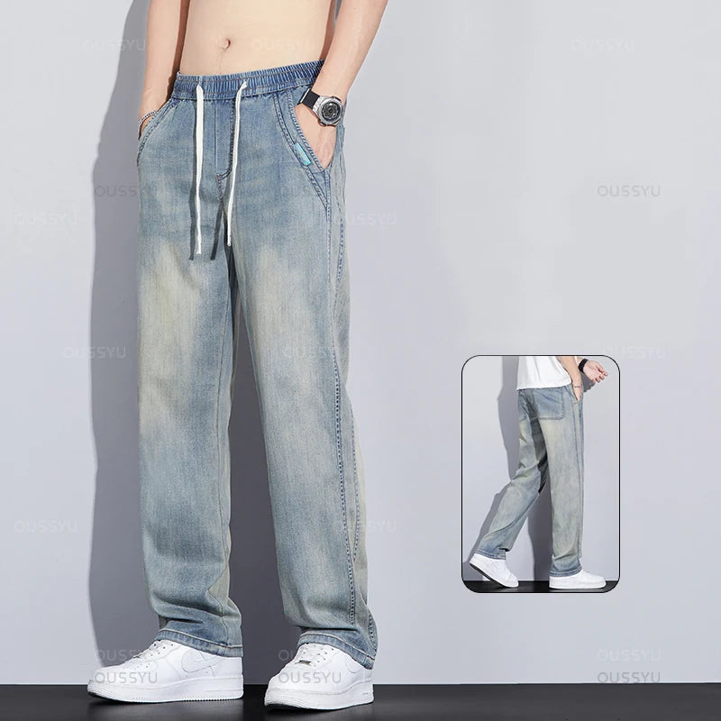 Summer Thin Lyocell Fabric Men's Retro Jeans Straight Denim Pants