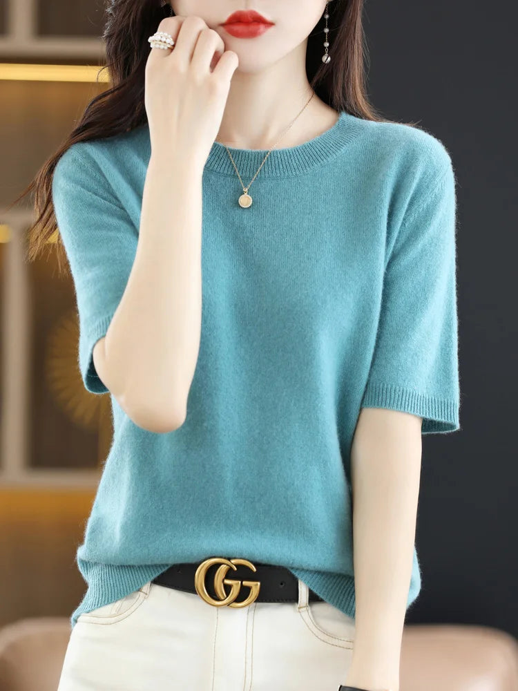 Short-sleeved Knitwear Women O-neck T-shirt Blend Pullover Sweater