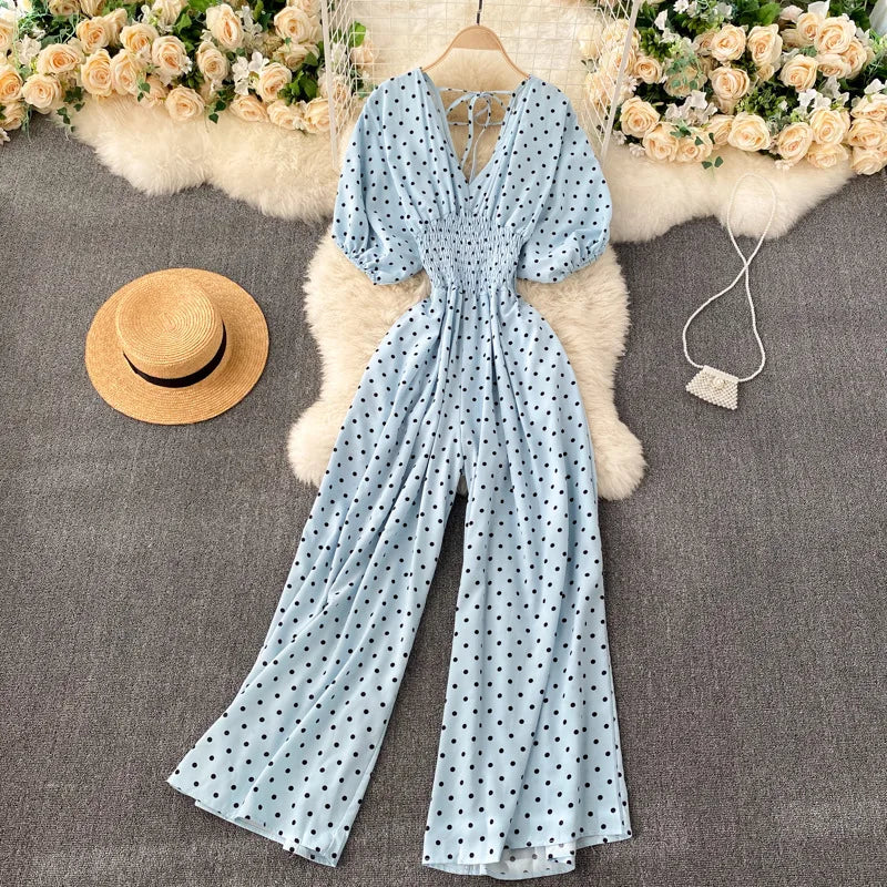 Wide Leg Trousers V Neck Sleeves Waist Slim Polka Dot Print Jumpsuit