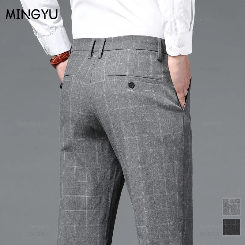 Plaid Stretch Men Business Fashion Casual Pants