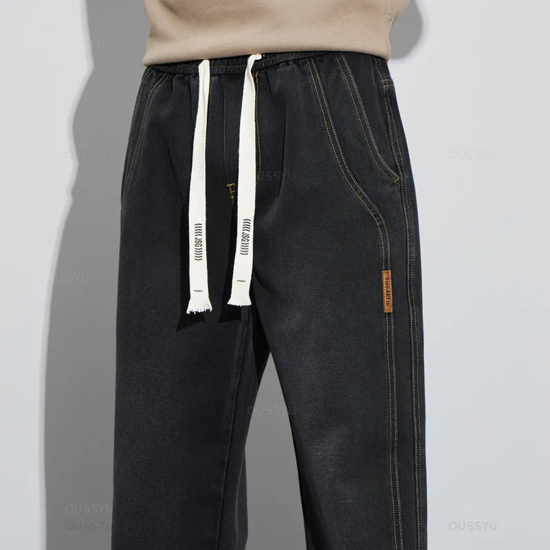 Clothing Design Cotton Jeans Baggy Elastic Waist Cargo Denim Pants Wide Leg