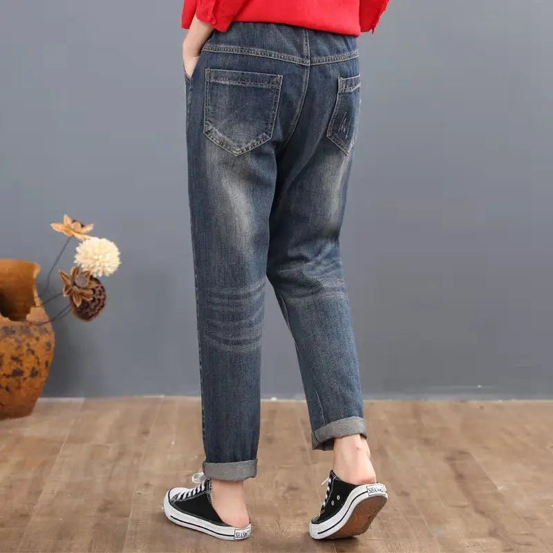 Embroidery Ankle-Length Baggy Jeans Elastic High Waist Harem Pants