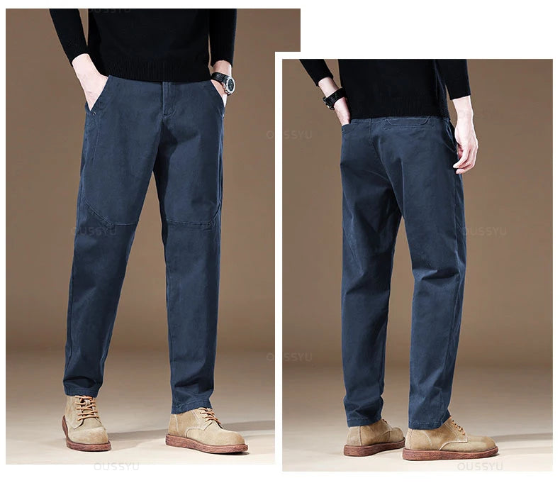 Men's Cargo Work Pants Cotton Thick Solid Color Wear Casual Trousers