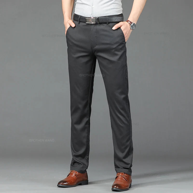 Men Casual Pants Ultra-thin Straight Solid Color Trousers