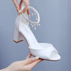 Women Chunky High Heels Sandals Peep Toes Bride Pearl Tassel