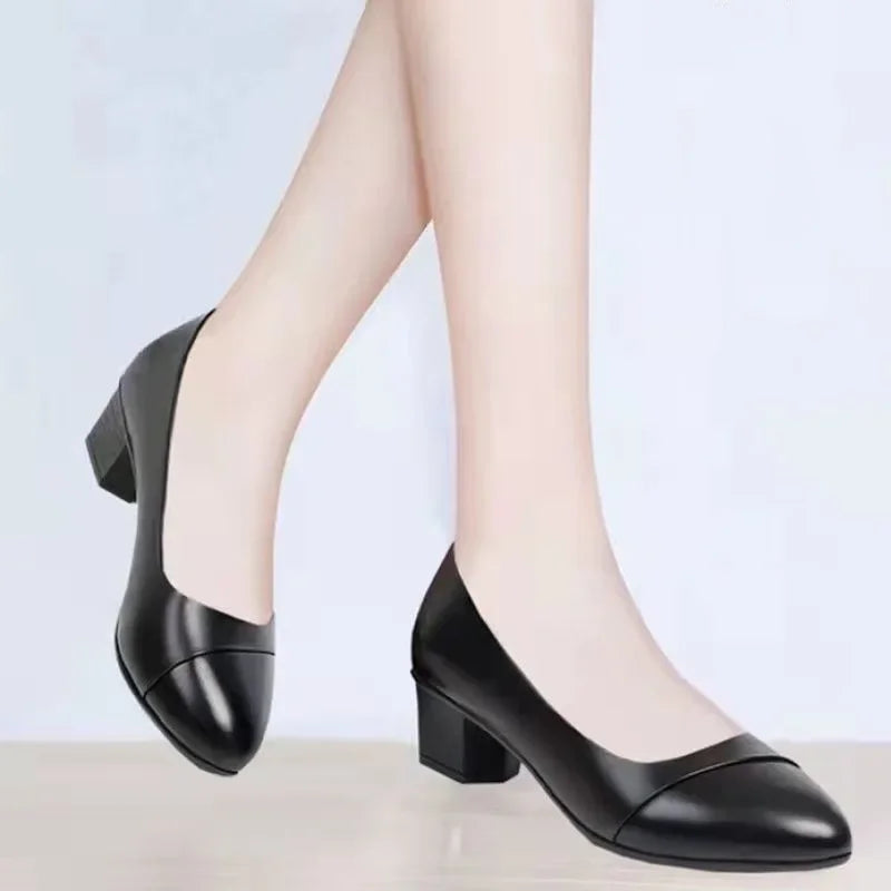 Shoes Women Mid Heel  Office Lady Pumps Basic Square Heeled