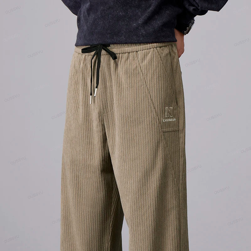 Clothing Stripe Corduroy Pants Men Elastic Waist Drawstring Casual Trousers