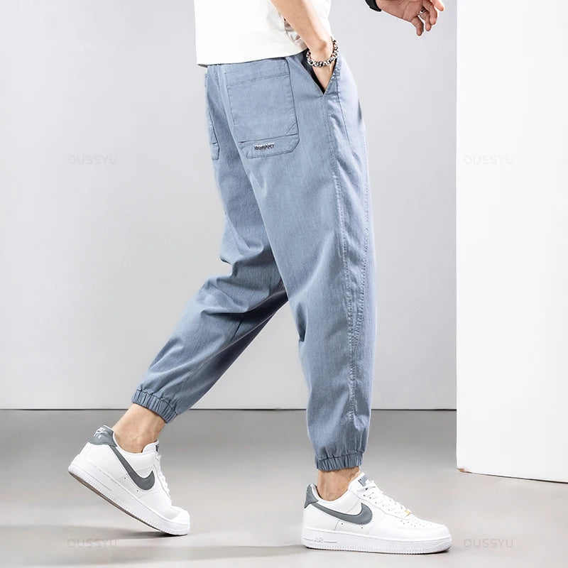 Summer Cotton Stretch Ankle Length Casual Pants Cargo Elastic Harem