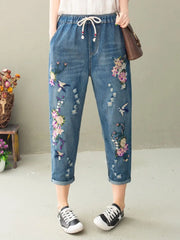 Vintage Floral Loose Denim Pants Style Casual Ripped