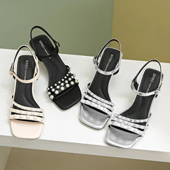 Heels Sandals 6.5cm Women Buckle Leather Summer