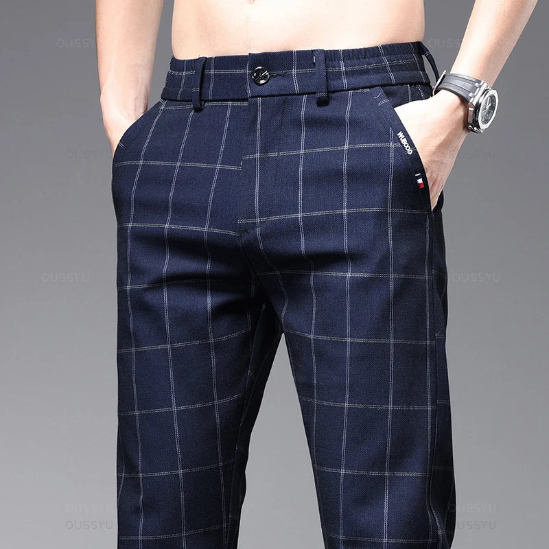 Plaid Work Stretch Pants Men Business Fashion Casual Pant Trousers