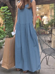 Summer Casual O-neck Sleeveless Loose Solid Long Dress