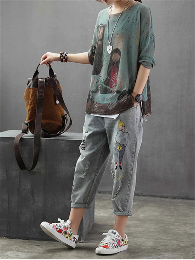 Fashion Style Vintage Embroidery Ankle-length Denim Jeans