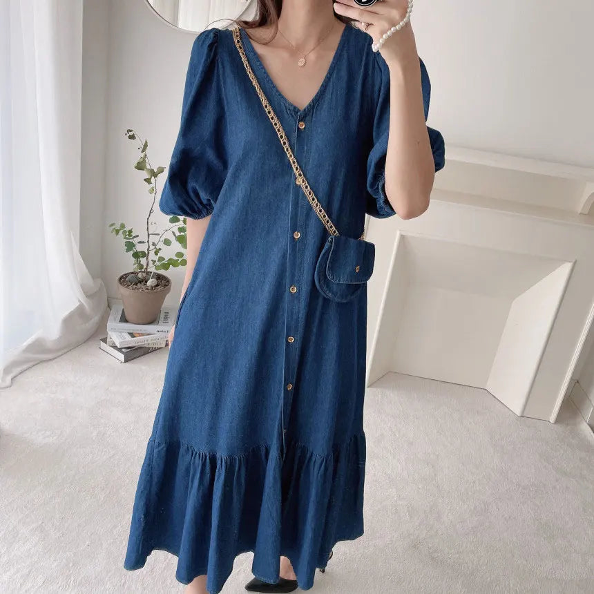 Fashion Retro Women Dress Summer Puff Sleeve Maxi Casual