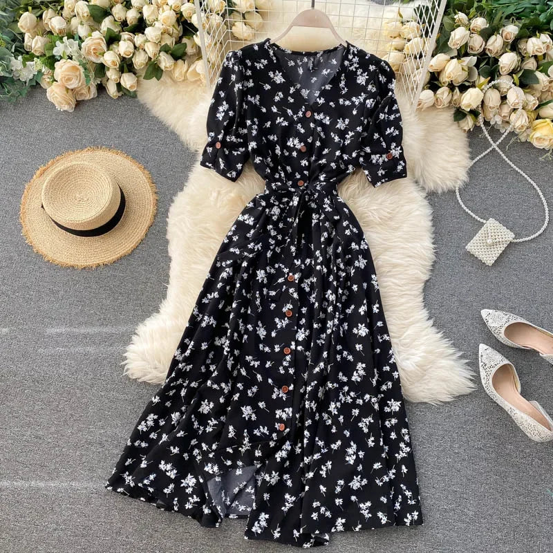 French Sweet Floral Women V Neck Puff Sleeve Midi Dress