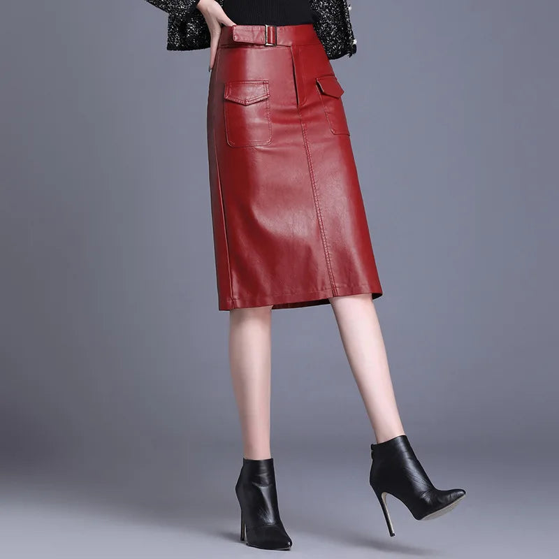 Straight Skirts Solid Color Casual PU Leather Knee Length