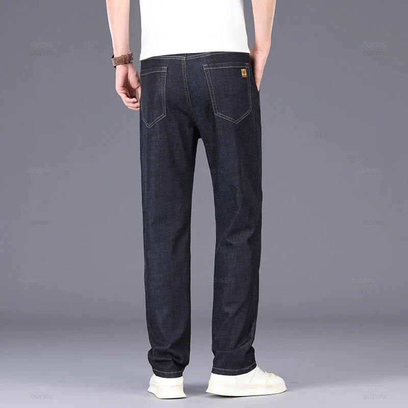 Thin Men's Jeans Cotton Classic Business Straight Denim Pants