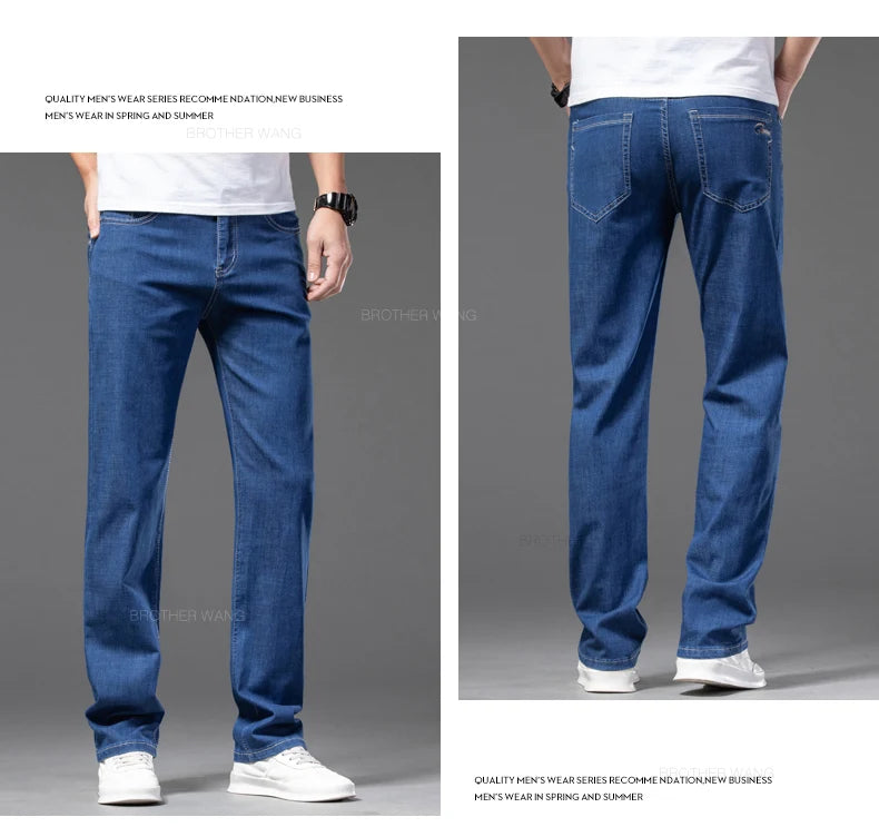 Plus Size Men's Thin Jeans Classic Straight Loose Elastic Denim Pants