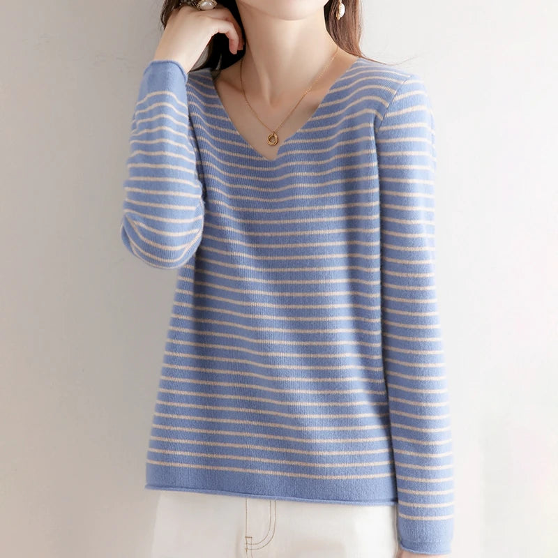 Striped V-neck Women's All-Match Loose Sweater