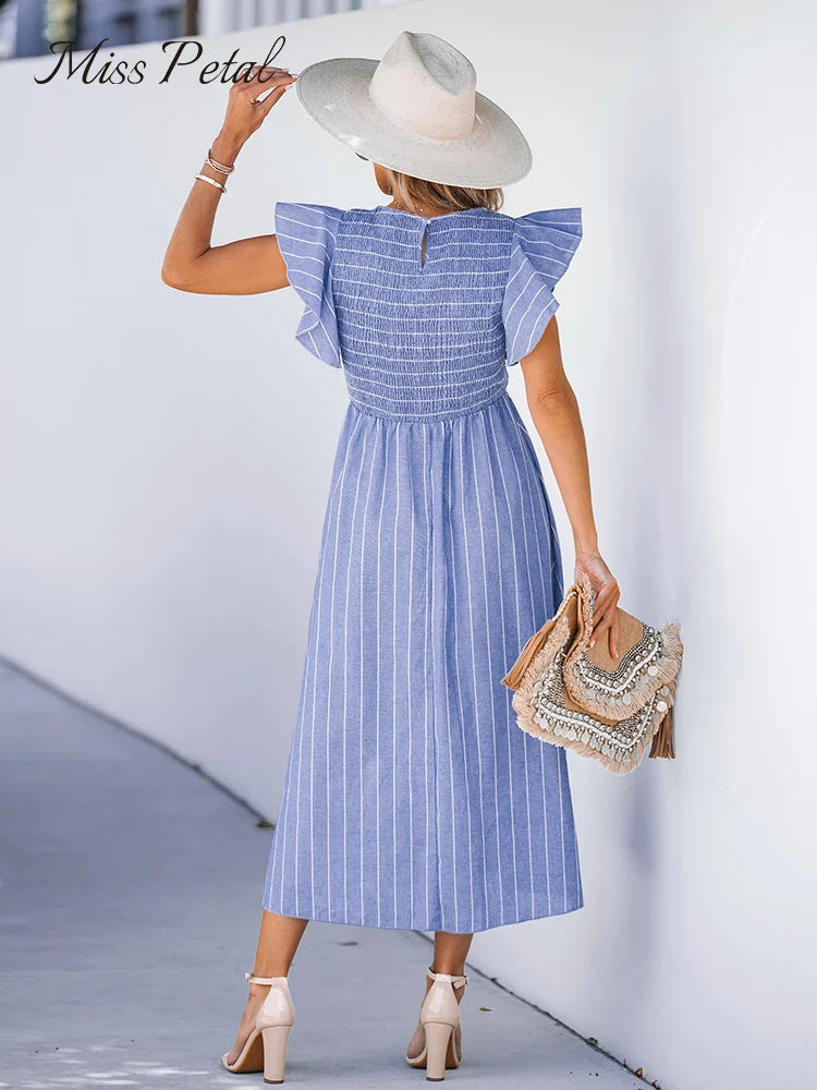 Striped Smocked Midi Dress Square Neck Ruffle Short Sleeve