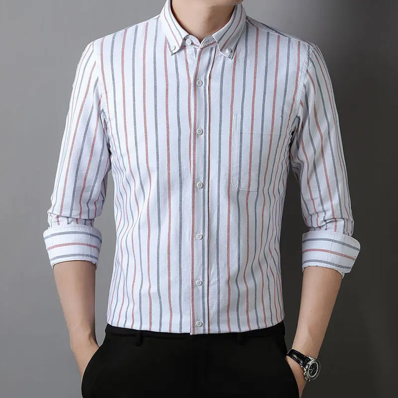 Men's Cotton Striped Checkered Long Sleeve Oxford Shirt