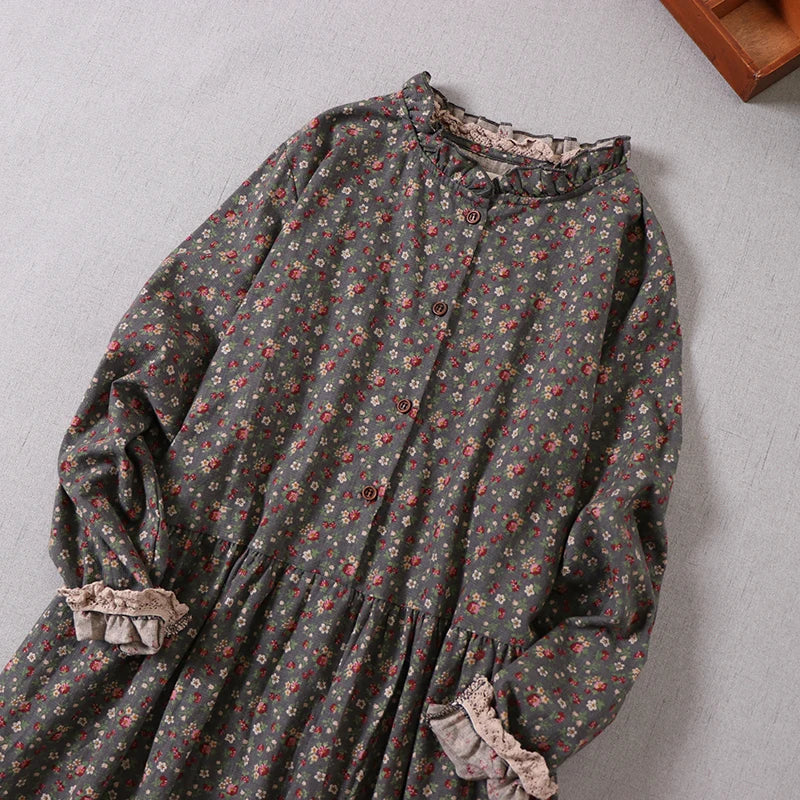 Vintage Floral Print Ruffled Cotton Retro A-line Dresses