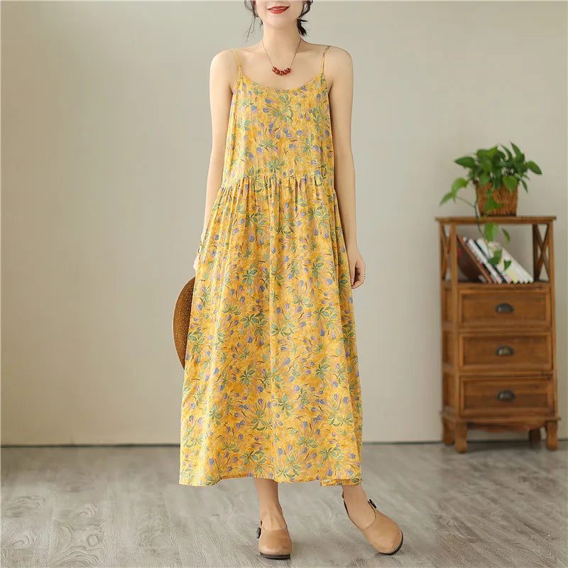 Summer Sleeveless Spaghetti Strap Print Vintage Long Dresses