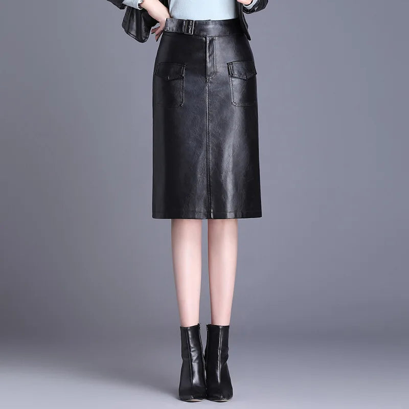 Straight Skirts Solid Color Casual PU Leather Knee Length