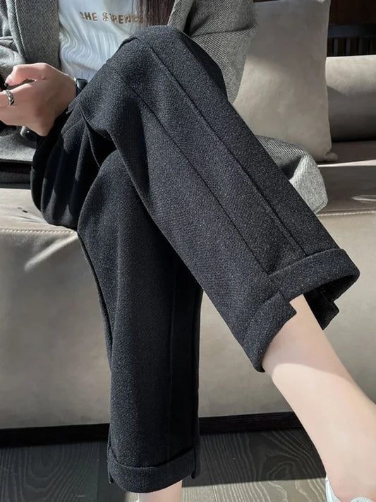 High-waisted Tweed Straight Casual Cropped Pants