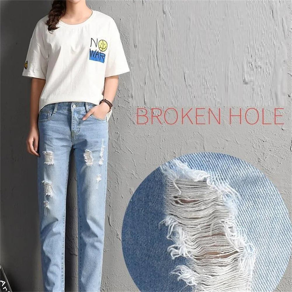 Fashion Mid Waist Boyfriend Big Ripped Hole Casual High Street Denim