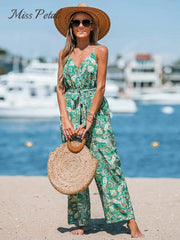 Green Paisley Print Belted Cami Jumpsuit V-neck Wide Leg Long Playsuit